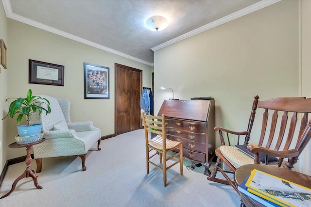 office space with carpet floors, crown molding, and baseboards