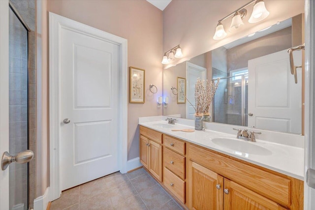 1119 Park Hall Rd, Huddleston, VA 24104 - bathroom with tile patterned floors, a stall shower, double vanity, and baseboards