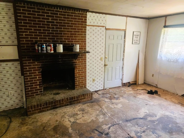 1742 Fruitridge Dr, Penhook, VA 24137 - unfurnished living room featuring ornamental molding and a fireplace