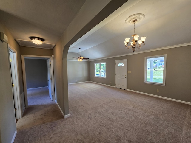 411 Raleigh Ave, Vinton, VA 24179 - foyer entrance with carpet, a ceiling fan, lofted ceiling, baseboards, and a chandelier