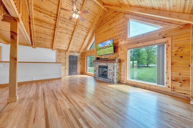 unfurnished living room with beamed ceiling, wood ceiling, wood walls, a fireplace, and high vaulted ceiling