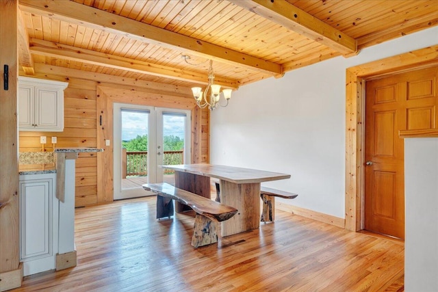 dining area with wood ceiling, beamed ceiling, a chandelier, light wood-type flooring, and baseboards