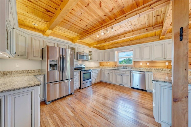 kitchen with stainless steel appliances, wooden ceiling, a sink, beam ceiling, and light wood finished floors