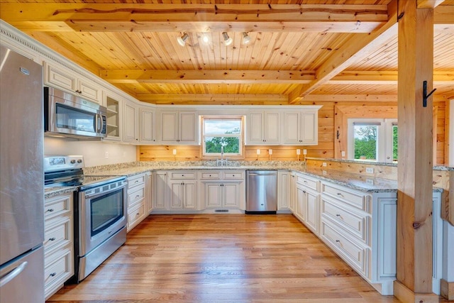 kitchen with stainless steel appliances, wood ceiling, light wood-type flooring, a sink, and beam ceiling