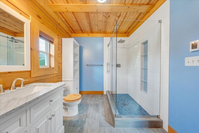 bathroom featuring wood ceiling, a shower stall, toilet, and vanity