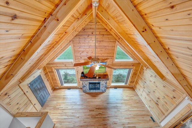 bonus room featuring wood walls, wood ceiling, wood-type flooring, plenty of natural light, and ceiling fan
