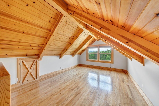 additional living space featuring wood ceiling and light wood-style flooring