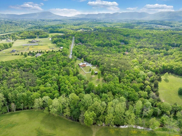 drone / aerial view of a mountainous background and a heavily wooded area