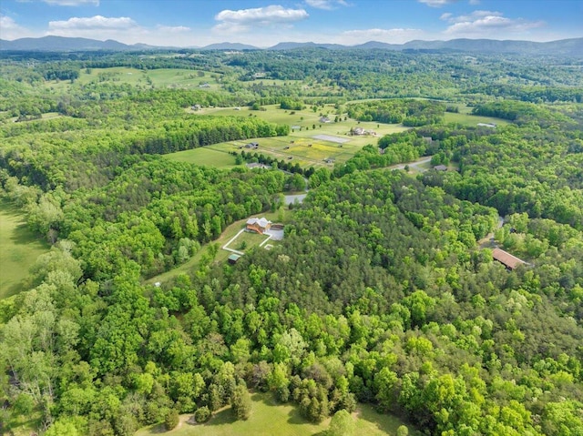 bird's eye view of a heavily wooded area and a mountain backdrop