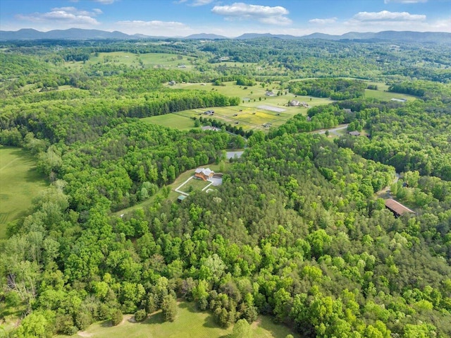 aerial overview of property's location with a heavily wooded area and mountains