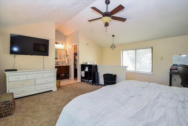 3279 Forest Ridge Rd, Roanoke, VA 24018 - bedroom with vaulted ceiling, carpet, connected bathroom, a spacious closet, and ceiling fan