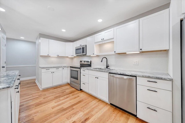 kitchen with appliances with stainless steel finishes, a sink, light wood-type flooring, white cabinetry, and decorative backsplash