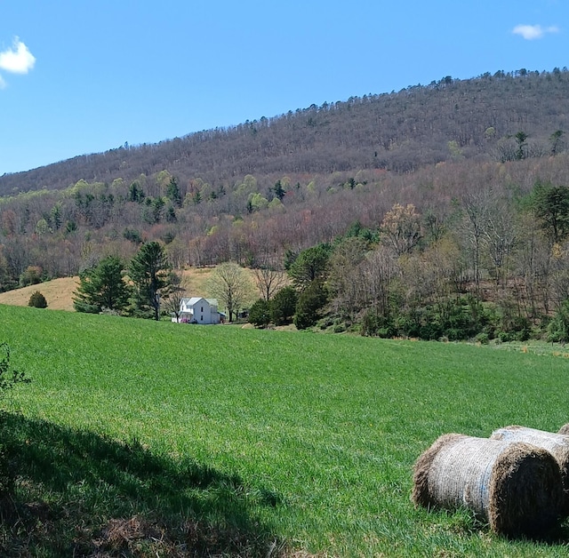 view of green lawn featuring a view of countryside and a view of trees
