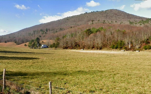 view of mountain backdrop with a heavily wooded area and rural landscape