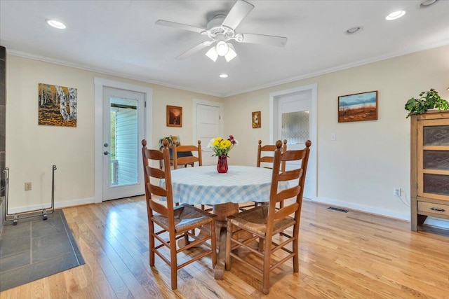 5110 Rich Patch Rd, Covington, VA 24426 - dining space with light wood-type flooring, ornamental molding, ceiling fan, baseboards, and recessed lighting