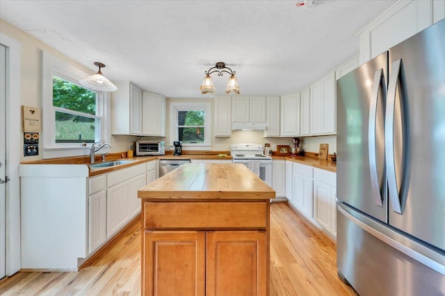5110 Rich Patch Rd, Covington, VA 24426 - kitchen featuring stainless steel appliances, under cabinet range hood, butcher block counters, a sink, and light wood-style floors