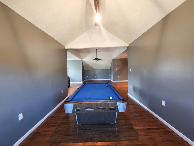 playroom featuring baseboards, billiards table, a ceiling fan, lofted ceiling, and wood finished floors