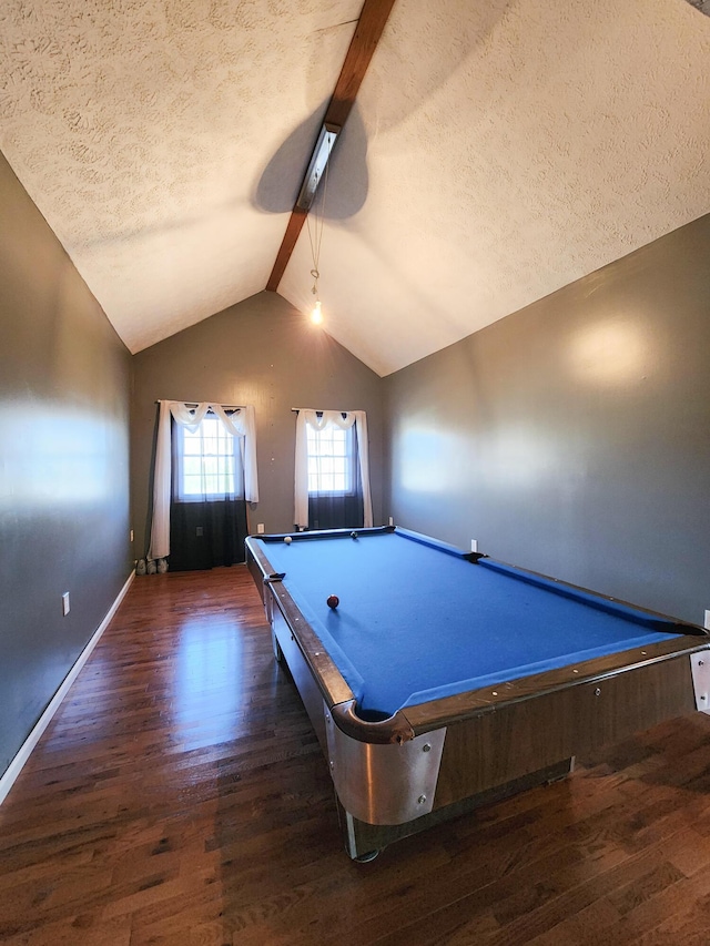recreation room with wood finished floors, lofted ceiling, a textured ceiling, billiards, and baseboards