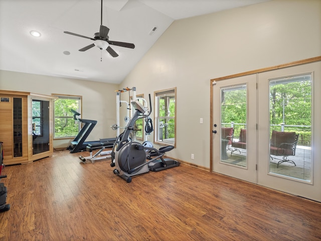 workout room with wood finished floors, plenty of natural light, ceiling fan, high vaulted ceiling, and baseboards