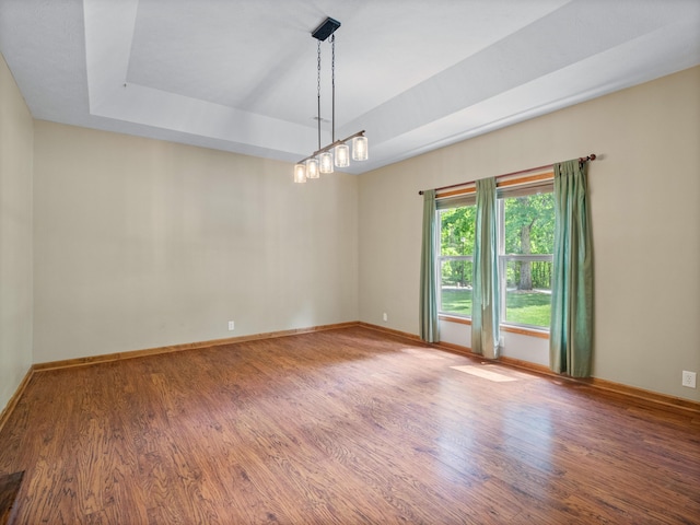 spare room featuring wood finished floors, baseboards, and a raised ceiling