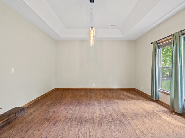 spare room featuring a raised ceiling, wood finished floors, and baseboards