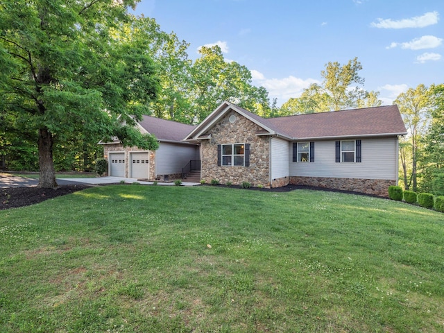 ranch-style home with stone siding, an attached garage, a front lawn, and concrete driveway