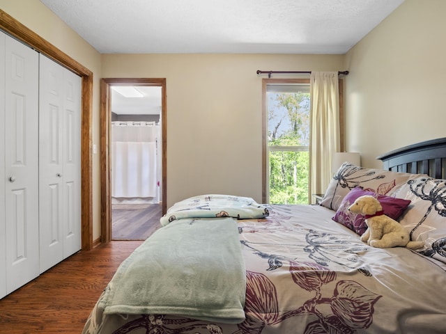 bedroom featuring dark wood finished floors and a closet