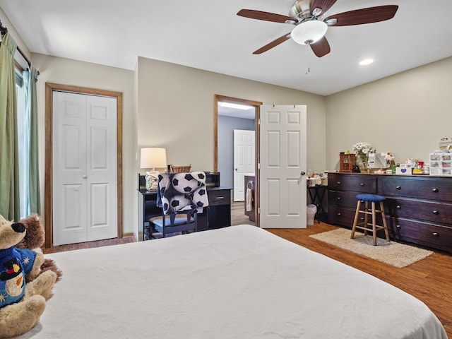 bedroom featuring wood finished floors, recessed lighting, and ceiling fan