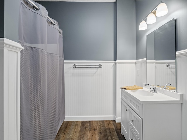 full bath with wood finished floors, a wainscoted wall, and vanity