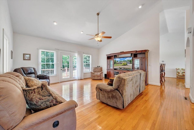 23 Alean Rd, Rocky Mount, VA 24151 - living room featuring a ceiling fan, light wood finished floors, high vaulted ceiling, baseboards, and recessed lighting