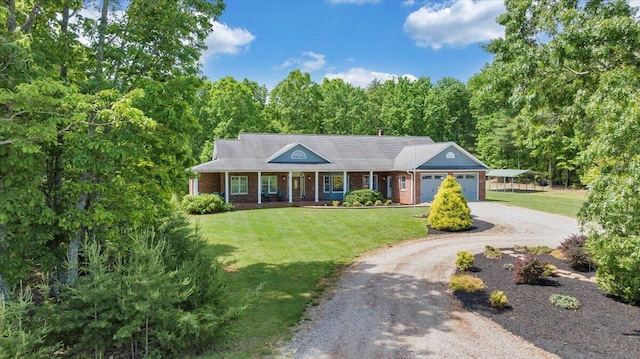 23 Alean Rd, Rocky Mount, VA 24151 - ranch-style home with dirt driveway, an attached garage, a front yard, and brick siding