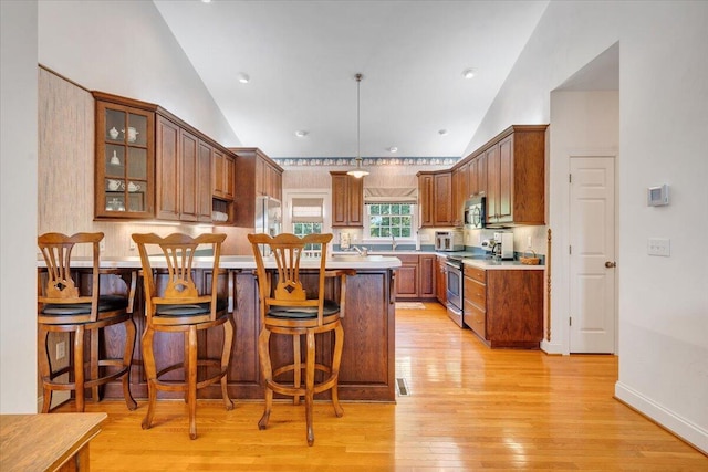 23 Alean Rd, Rocky Mount, VA 24151 - kitchen with appliances with stainless steel finishes, a breakfast bar area, light wood-type flooring, glass insert cabinets, and light countertops