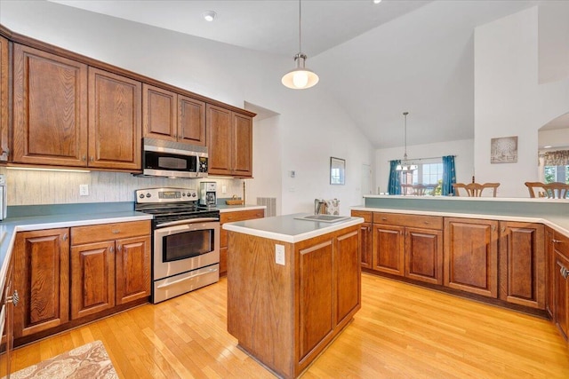 23 Alean Rd, Rocky Mount, VA 24151 - kitchen with appliances with stainless steel finishes, high vaulted ceiling, light wood finished floors, pendant lighting, and brown cabinets
