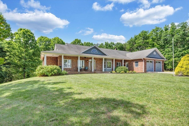 23 Alean Rd, Rocky Mount, VA 24151 - view of front of property featuring an attached garage, a front lawn, brick siding, and covered porch