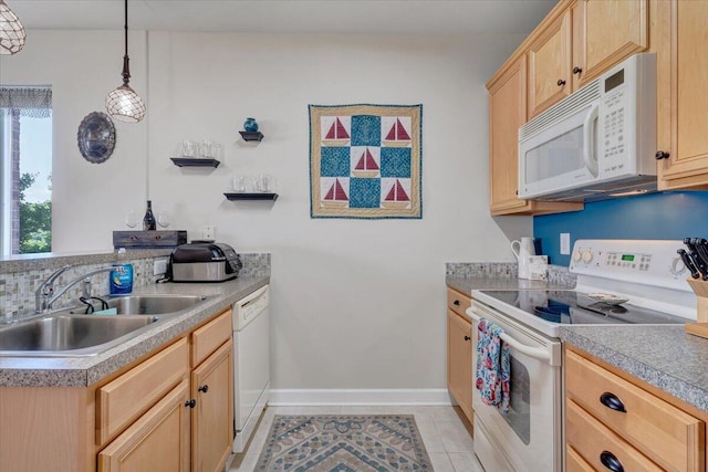 1217 Graves Harbor Trl Unit 119, Huddleston, VA 24104 - kitchen featuring white appliances, light brown cabinetry, a sink, light tile patterned flooring, and baseboards