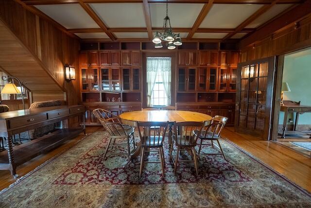 336 Turkey Run Ln, Rural Retreat, VA 24368 - dining room with a chandelier, coffered ceiling, and wood finished floors