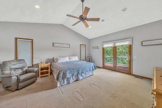 carpeted bedroom featuring access to outside, vaulted ceiling, baseboards, a ceiling fan, and recessed lighting