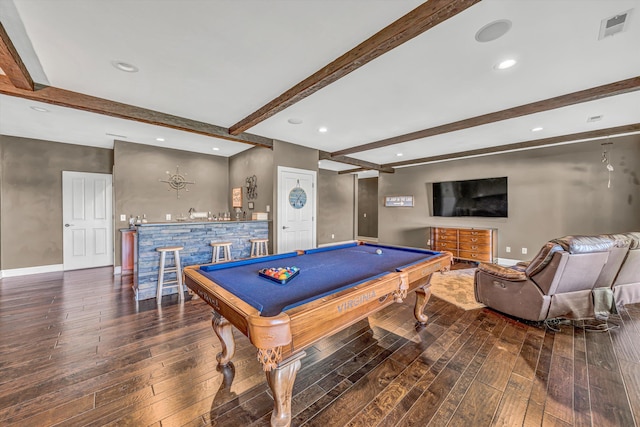 recreation room with wet bar, beam ceiling, hardwood / wood-style floors, baseboards, and billiards