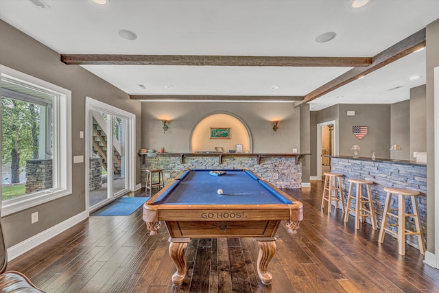 recreation room featuring billiards, wood finished floors, beamed ceiling, baseboards, and recessed lighting