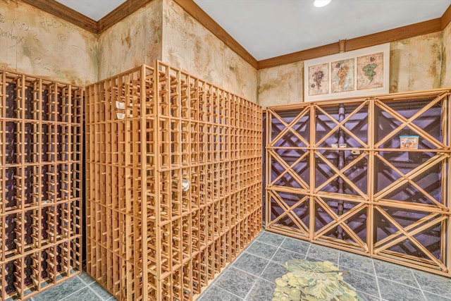 wine room with tile patterned floors and crown molding
