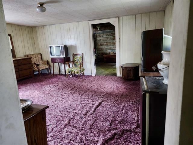 carpeted bedroom with wooden walls
