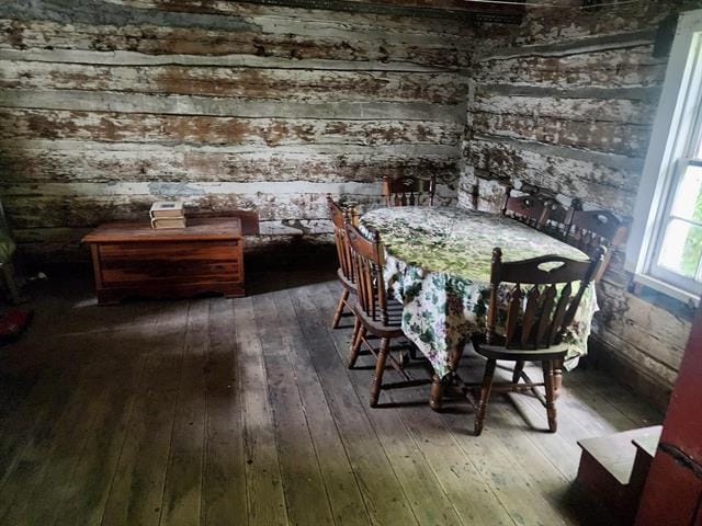 dining room with hardwood / wood-style floors and wood walls