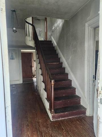 stairway with hardwood / wood-style flooring