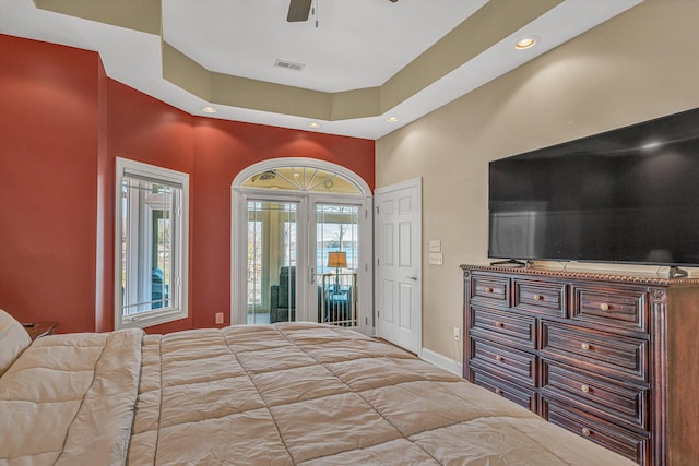 73 Windmere Trl, Moneta, VA 24121 - bedroom with access to exterior, a high ceiling, recessed lighting, baseboards, and ceiling fan