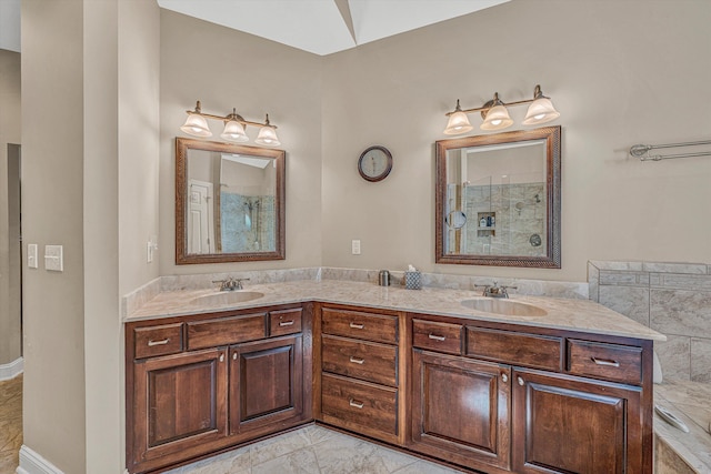 73 Windmere Trl, Moneta, VA 24121 - bathroom with marble finish flooring, a tile shower, and double vanity