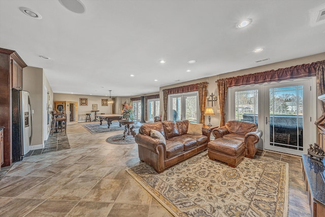 73 Windmere Trl, Moneta, VA 24121 - living room featuring plenty of natural light, french doors, recessed lighting, baseboards, and billiards