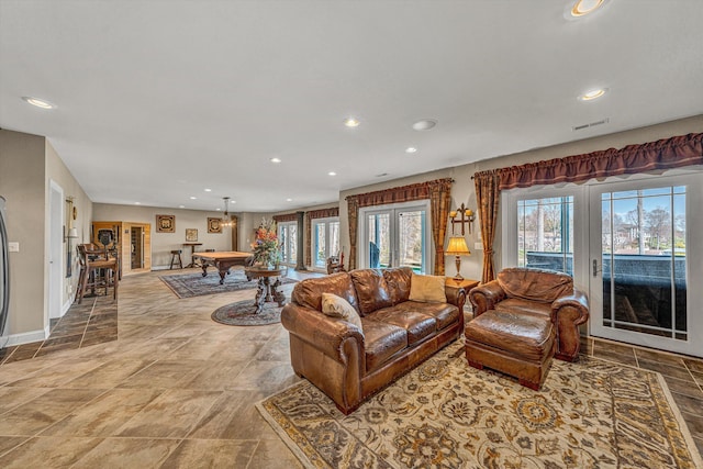 73 Windmere Trl, Moneta, VA 24121 - living room featuring french doors, billiards, plenty of natural light, recessed lighting, and baseboards