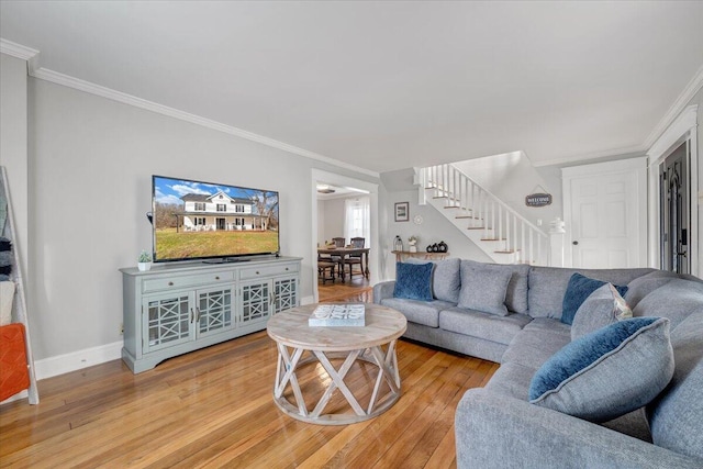 380 Trails End Dr, Hardy, VA 24101 - living area featuring stairway, light wood-style floors, crown molding, and baseboards