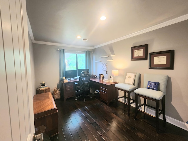 home office featuring ornamental molding, dark wood finished floors, and recessed lighting