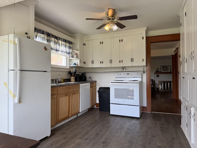 111 Rosedale Ave, Covington, VA 24426 - kitchen with white appliances, a sink, a ceiling fan, and dark wood-style floors